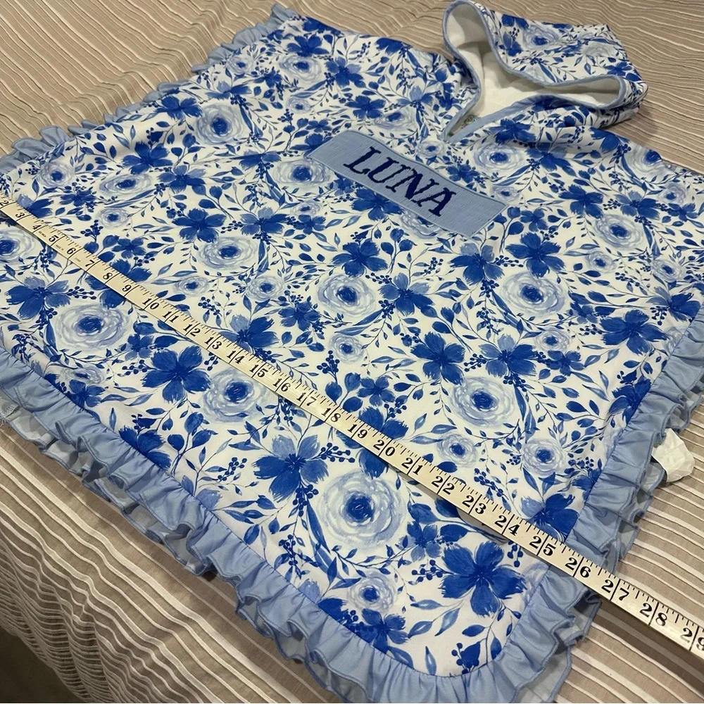 Southern Saint Smocks Blue Floral Ruffles Smocked hooded towel Luna monogram